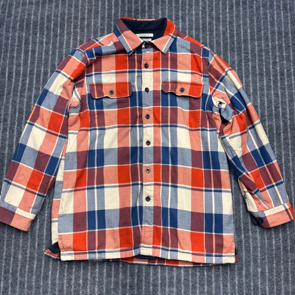 LL Bean Mens Fleece Lined Flannel Shirt Size M Red Blue Plaid Traditional Fit